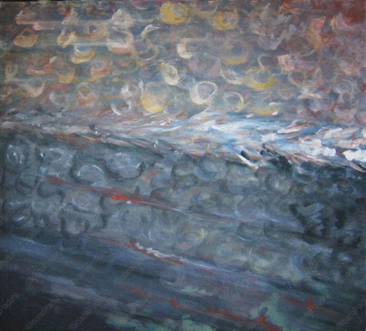 acrylic on canvas, 100x100cm, 2006 - Logs stacked near the water; private collection