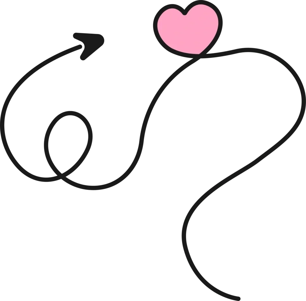 A simple black line drawing featuring a heart and an arrow, with a pink heart shape in the top right corner.
