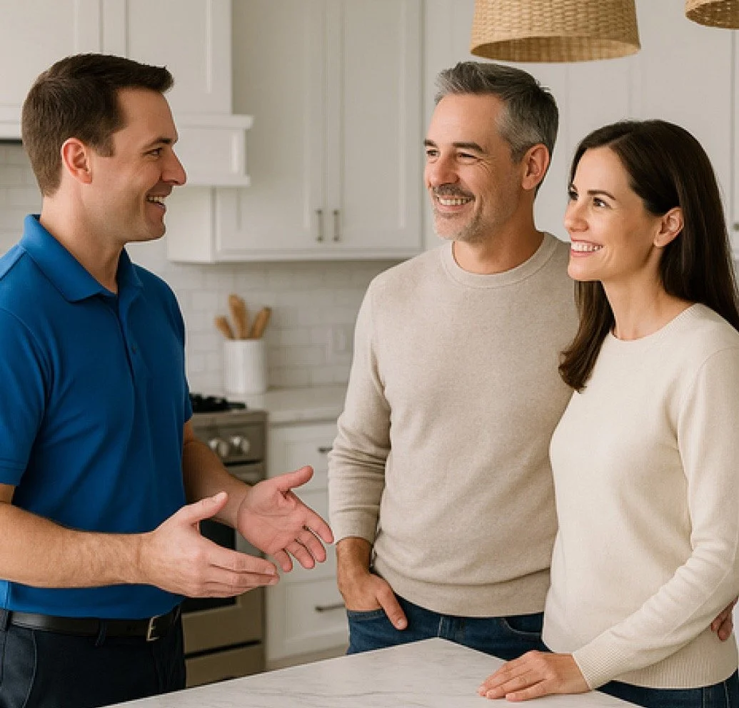 Pure Way water filtration expert demonstrating the benefits of a whole-home system to a couple in their new Central Florida home. The system, labeled ‘99.99% Contaminant Removal,’ showcases advanced filtration technology that preserves essential mine