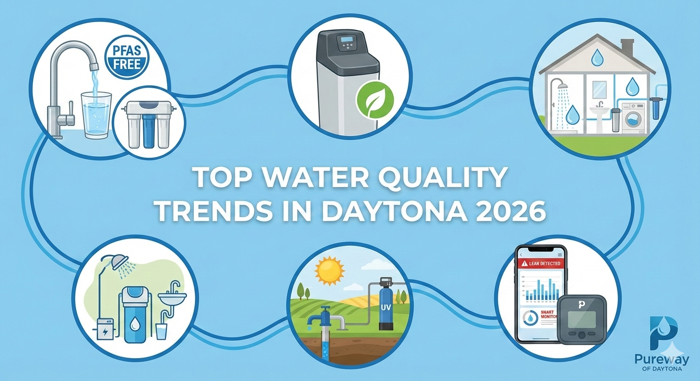 Infographic showing 2026 Daytona water quality trends: PFAS filtration, salt-free conditioners, whole-home systems, well water treatment, and smart leak detection by Pureway of Daytona.