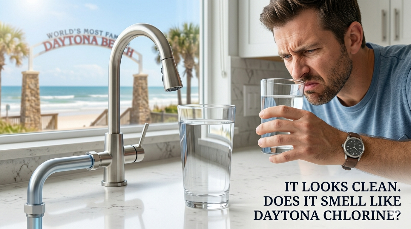 a man smelling water from his kitchen sink with worlds most famous beach sign in the background