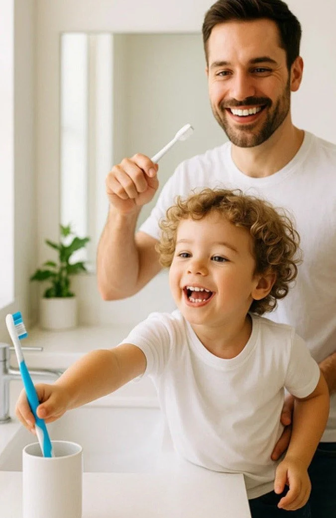 Father and son brushing their teeth together in a Central Florida home, enjoying clean, mineral-rich water from a Pure Way whole-home filtration system. The system delivers 99.99% contaminant-free water without salt, electricity, or maintenance, ensu