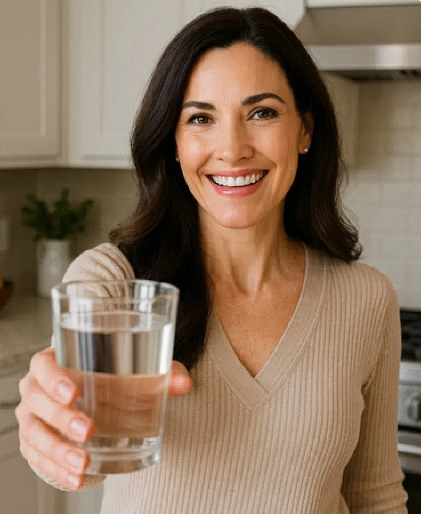 Woman with long dark hair holding a glass of clean, filtered water from her kitchen sink in The Villages, Florida. The water is provided by a Pure Way whole-home filtration system, delivering 99.99% contaminant-free water without salt, electricity, o