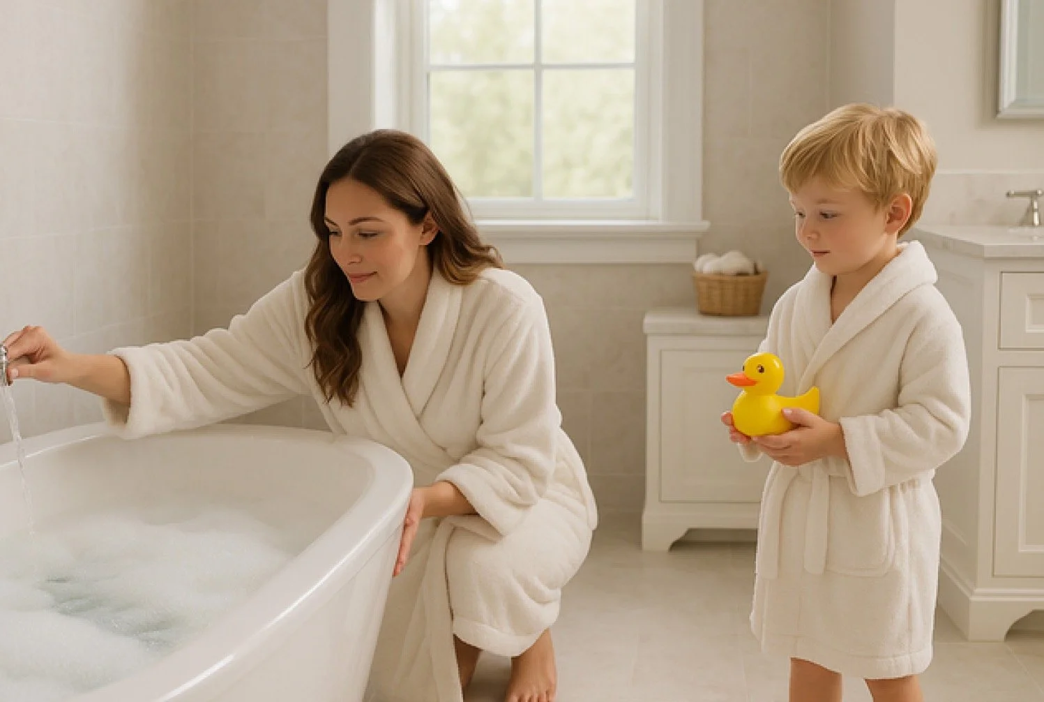 Woman in bathrobe and her son with a rubber duck preparing for bath time in their remodeled bathroom in Central Florida. The Pure Way whole-home water filtration system delivers 99.99% contaminant-free water without salt, electricity, or maintenance,
