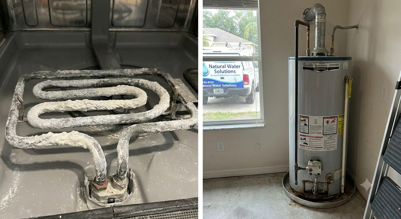 Chalky hard water scale buildup on a home appliance in The Villages, Florida, treated by Natural Water Solutions.