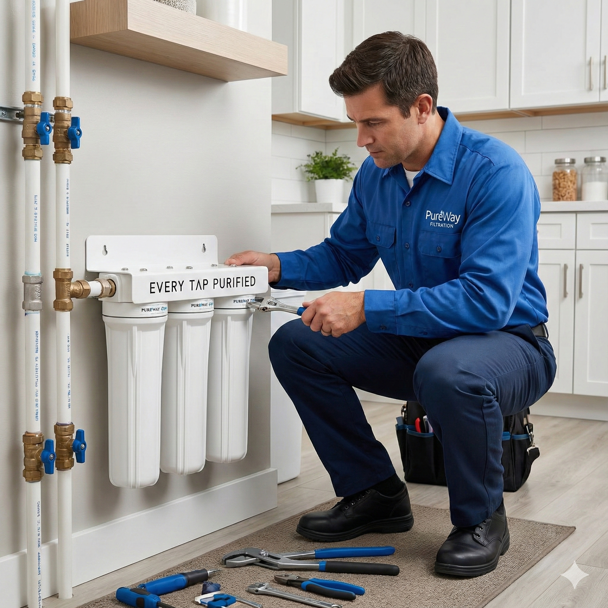 a man installing a pureway filter in a customers kitchen