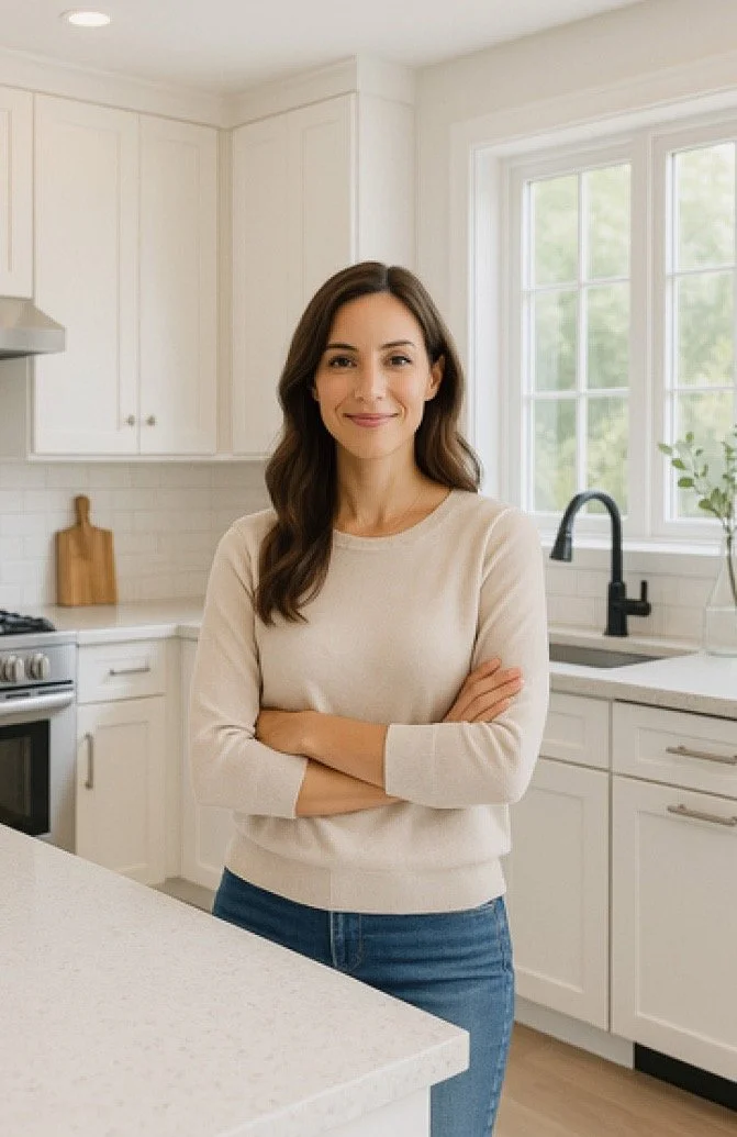 Smiling woman with long dark hair standing confidently at her kitchen sink in Central Florida, arms crossed. Her Pure Way whole-home water filtration system, delivering 99.99% contaminant-free water without salt, electricity, or maintenance, ensures