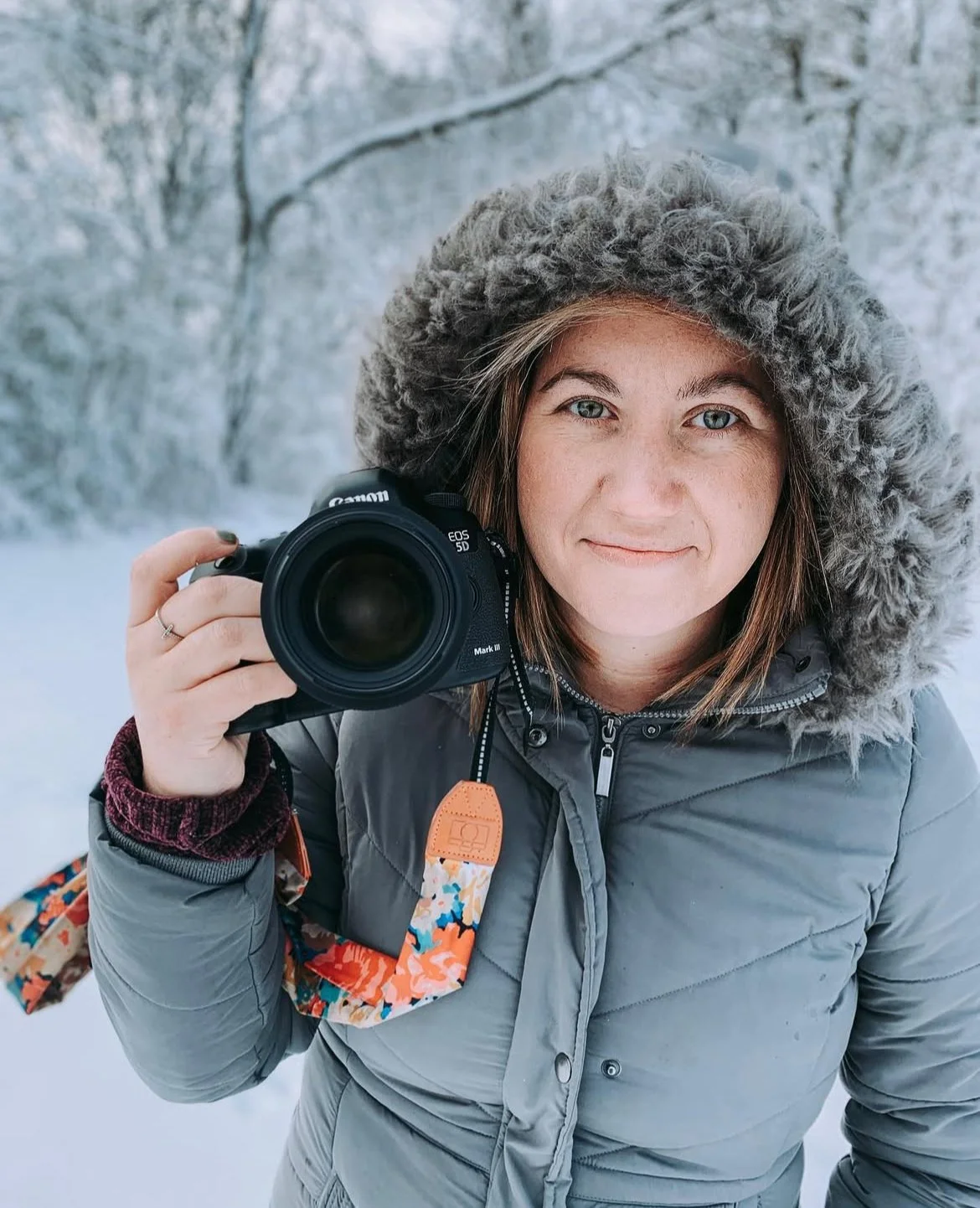 Woman in winter coat with hood taking a selfie with a camera in snowy outdoor setting.