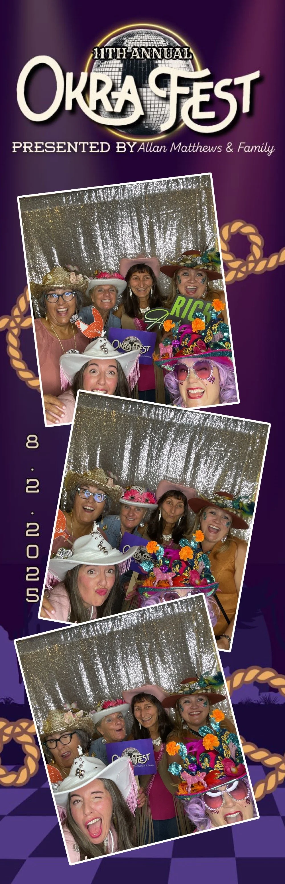 Photo strip from 11th Annual Okra Fest party featuring six women dressed in colorful, whimsical costumes and hats, posing against a shiny silver backdrop.