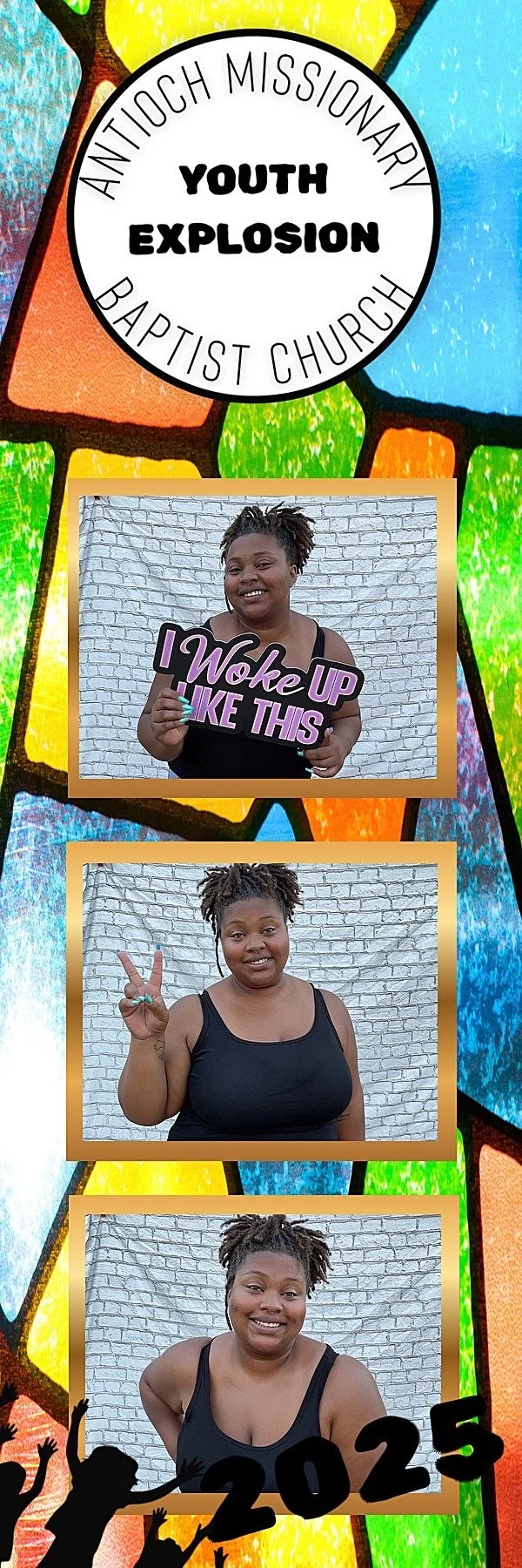 Three photos of a woman making different poses in front of a white brick wall, with a colorful background featuring stained glass design and silhouettes of people celebrating. The top part shows a church logo titled "Antioch Missionary Baptist Church