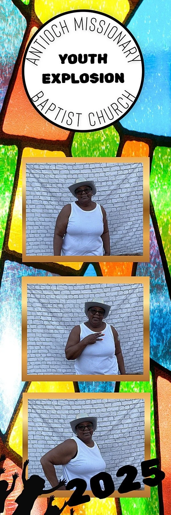 Colorful stained glass background with a circular logo reading "Antioch Missionary Baptist Church Youth Explosion." Below are three photographs of an elderly woman in a white tank top, wearing a white hat and glasses, posing against a brick wall. The