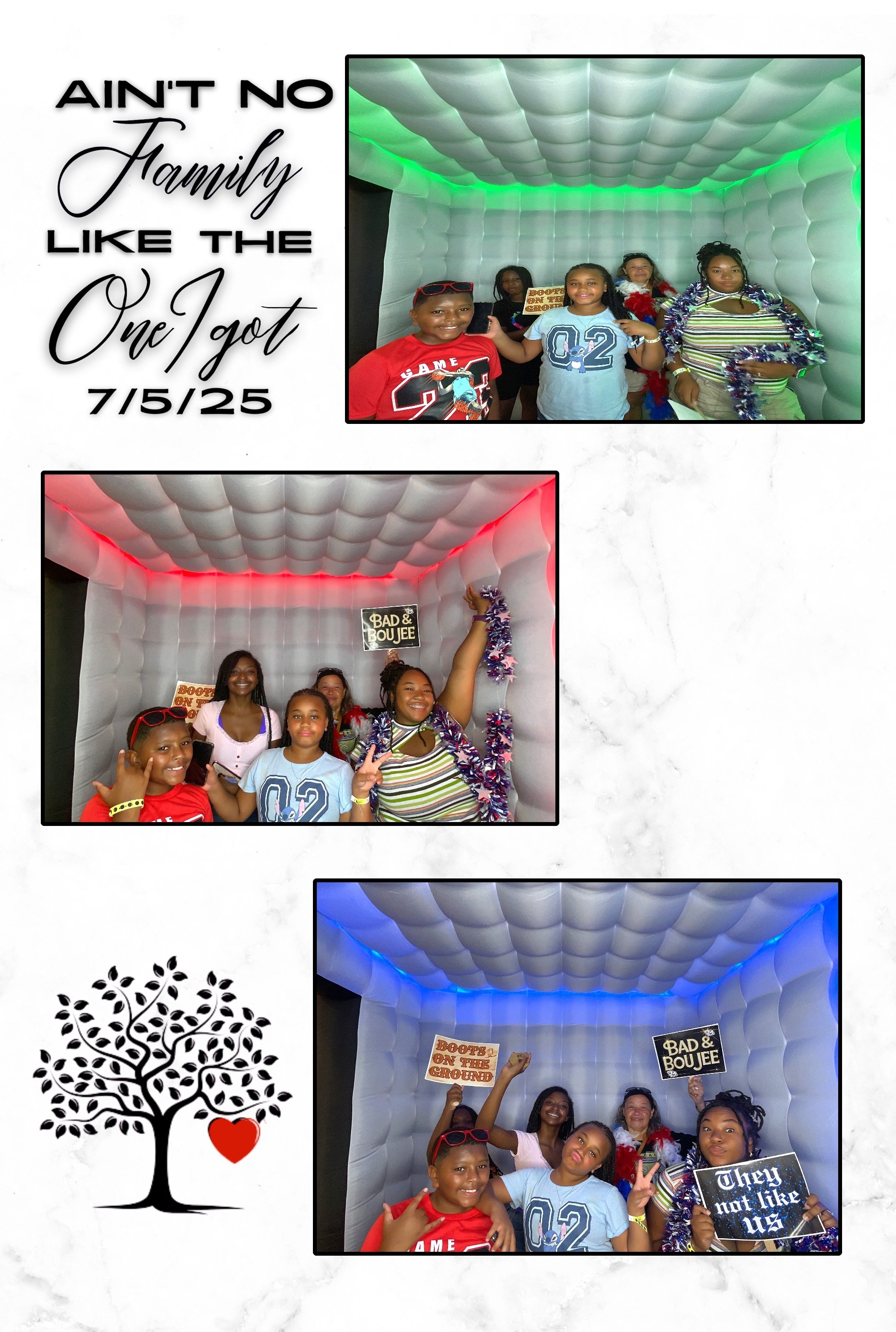 Group of children at a photo booth with colorful inflatable backgrounds, holding signs that say "Boots on the Ground", "Bad & Boujee", and "They not like us".
