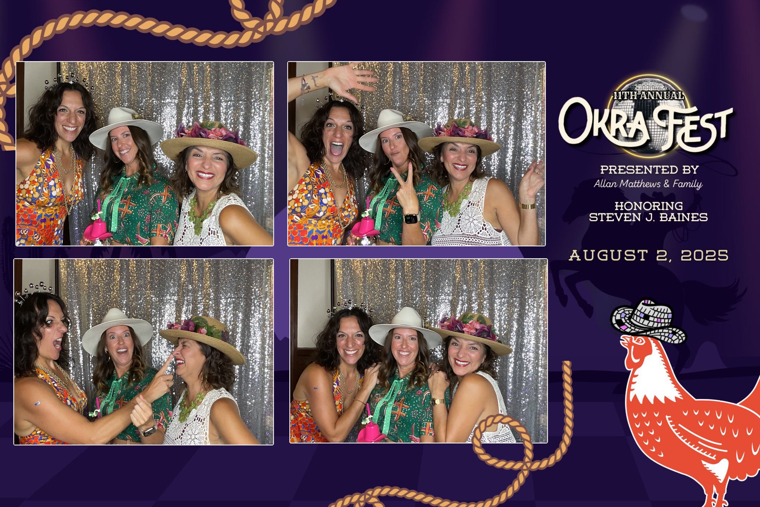 Photo booth collage from Okra Fest 2025. Features four pictures of three women with toy props, wearing festive hats, in front of a sparkly backdrop. Includes event details: same date, honoring Steven J. Baines, presented by Allan Matthews & Family.
