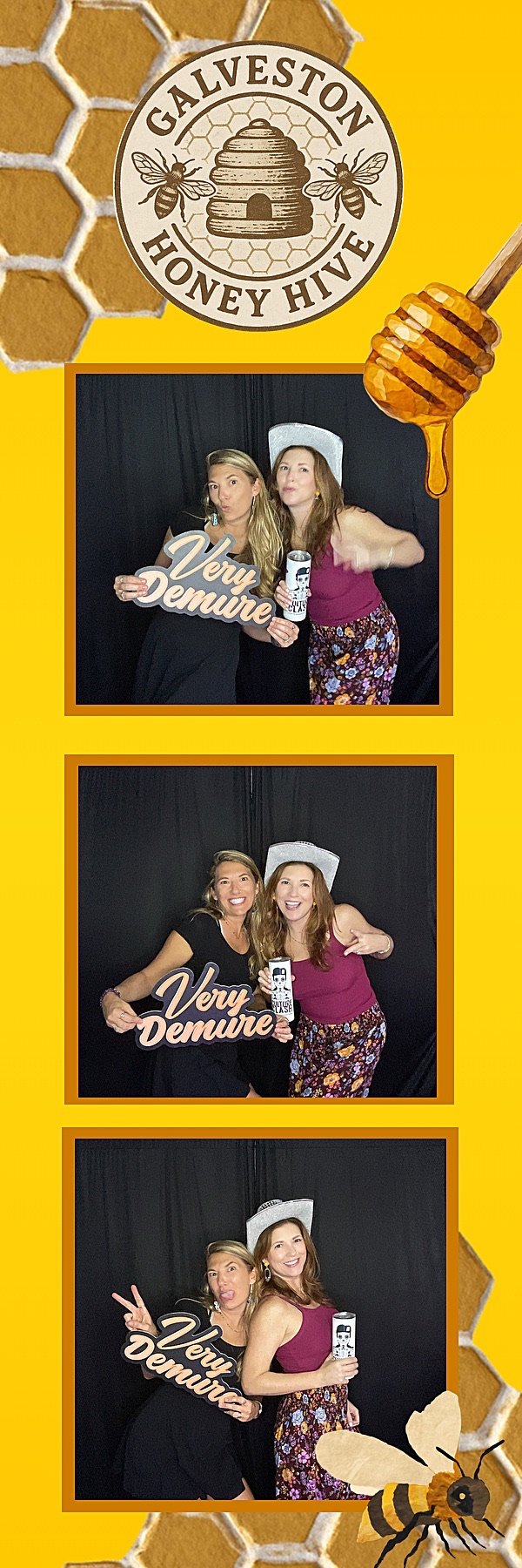 Photo booth strip with three pictures of two women at a honey-themed event. They are holding signs that say 'Very Demure' and wearing playful accessories like a nurse hat and making funny faces. The background includes honey bees, honeycomb graphics,