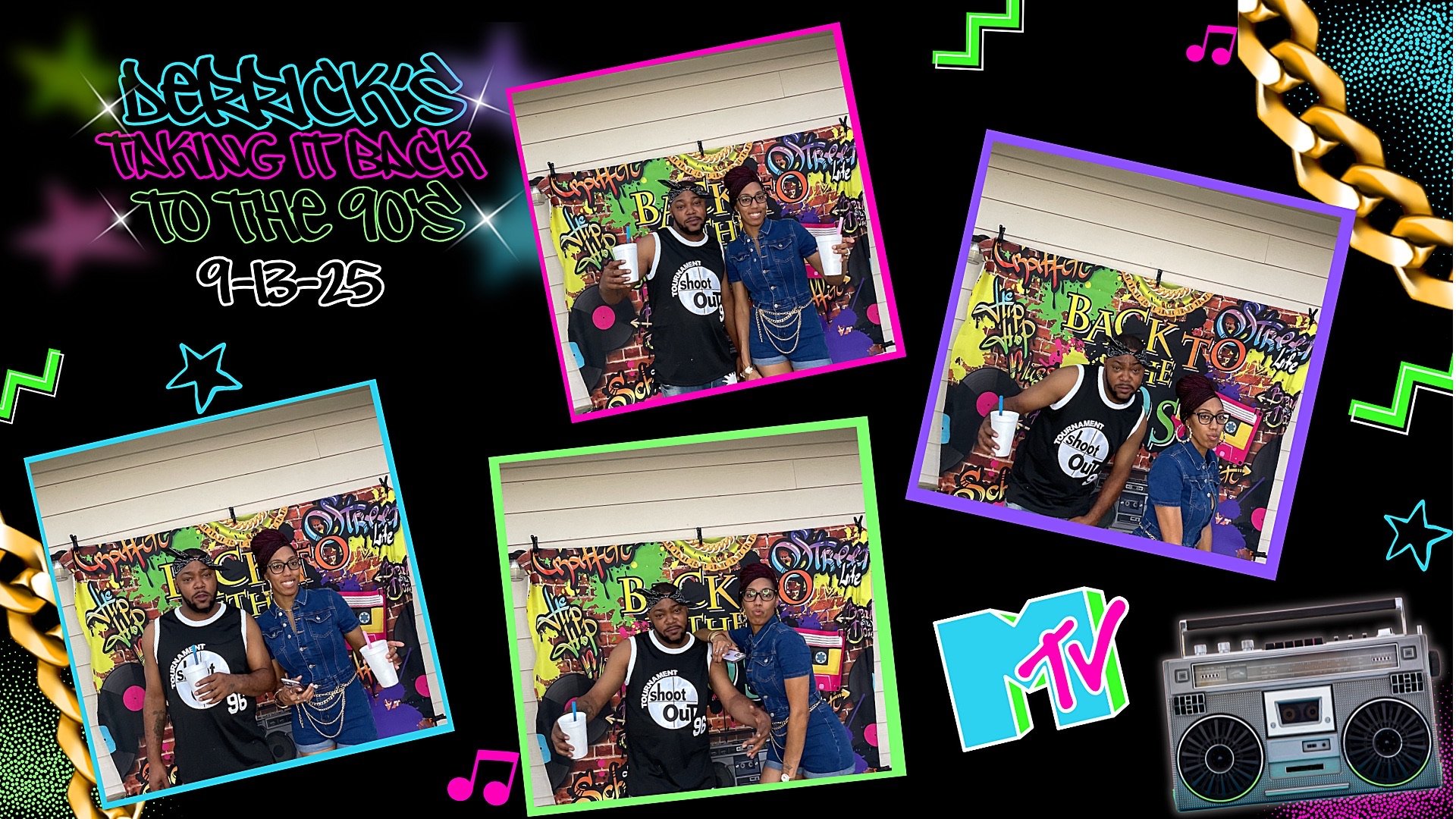 A collage of four photos features a man and a woman posing in front of a graffiti-style backdrop that reads 'Back to the 90s.' The images are framed with colorful borders, including pink, purple, blue, and green. Additional elements include neon-styl