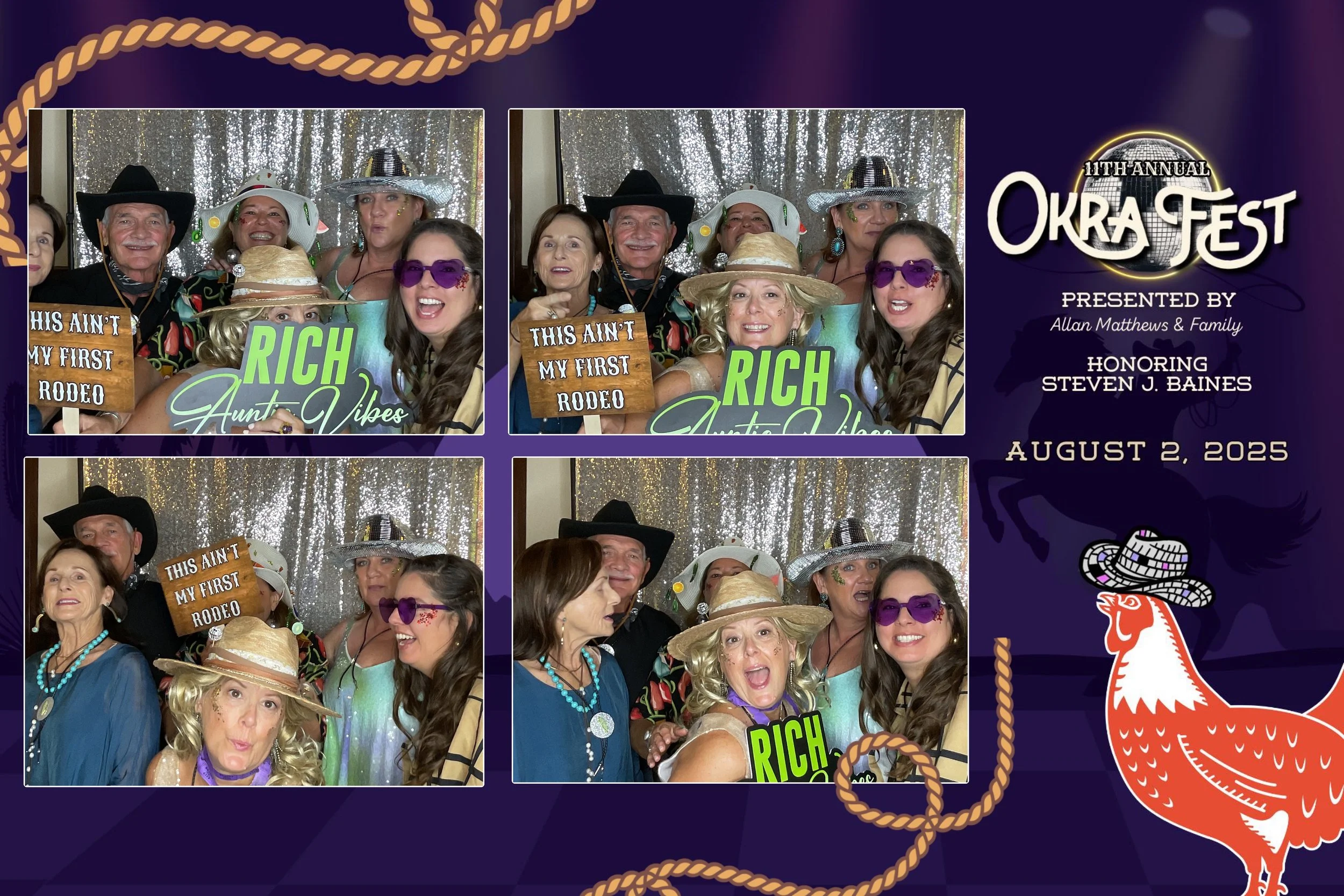 A photo collage with four images of people at an event called Okra Fest. The attendees are dressed in cowboy and western-themed accessories, including hats and sunglasses, and holding signs that say "This ain't my first rodeo" and "Rich Auntie Vibes.