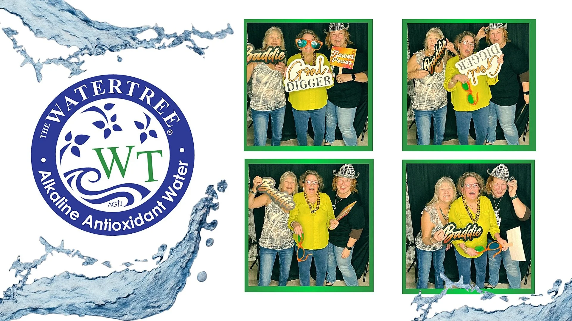 A photo collage with the logo of The Water Tree, a company specializing in alkaline antioxidant water, on the left side, and four smaller photos on the right of three women in party costumes holding signs and props, celebrating and smiling.