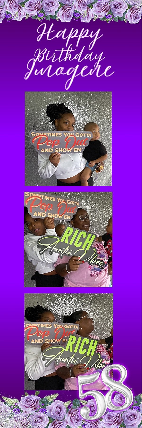 A birthday celebration card for Juache's 58th birthday featuring three photos of women holding colorful signs, with a purple floral border at the top and bottom, and the number 58 in silver at the bottom.