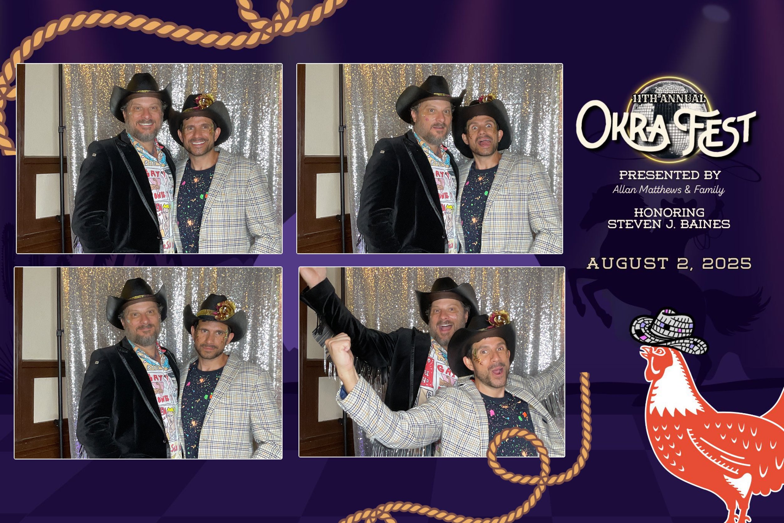 Four photos of two men in cowboy hats and colorful jackets, posing against a silver glittery backdrop at an event called Okra Fest; a graphic on the right side features a rooster with a snake around its neck, and event details including date August 2