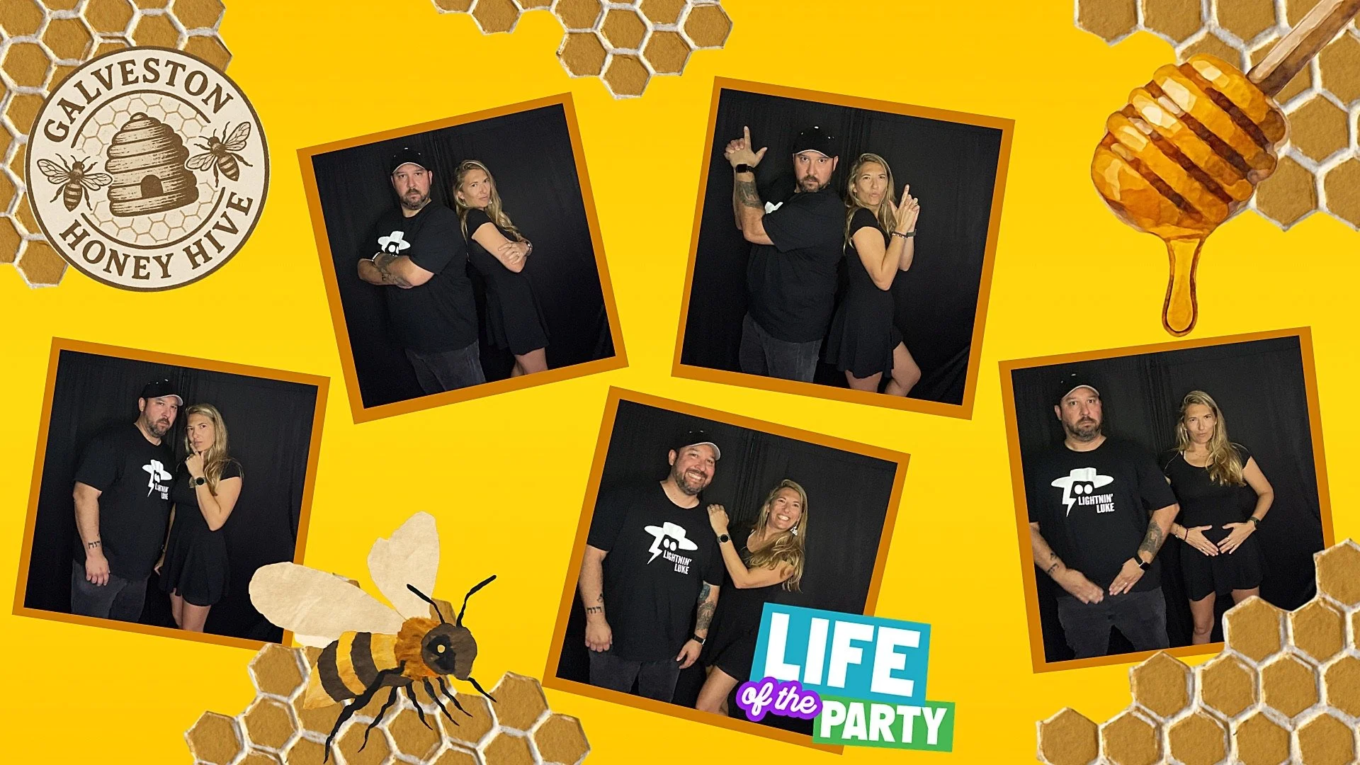 A collage of five photos featuring a man and woman in black clothing posing together in front of a black backdrop. The background of the collage is yellow with honeycomb patterns, bees, a honey dipper, and the logo of Galveston Honey Hive. There are 