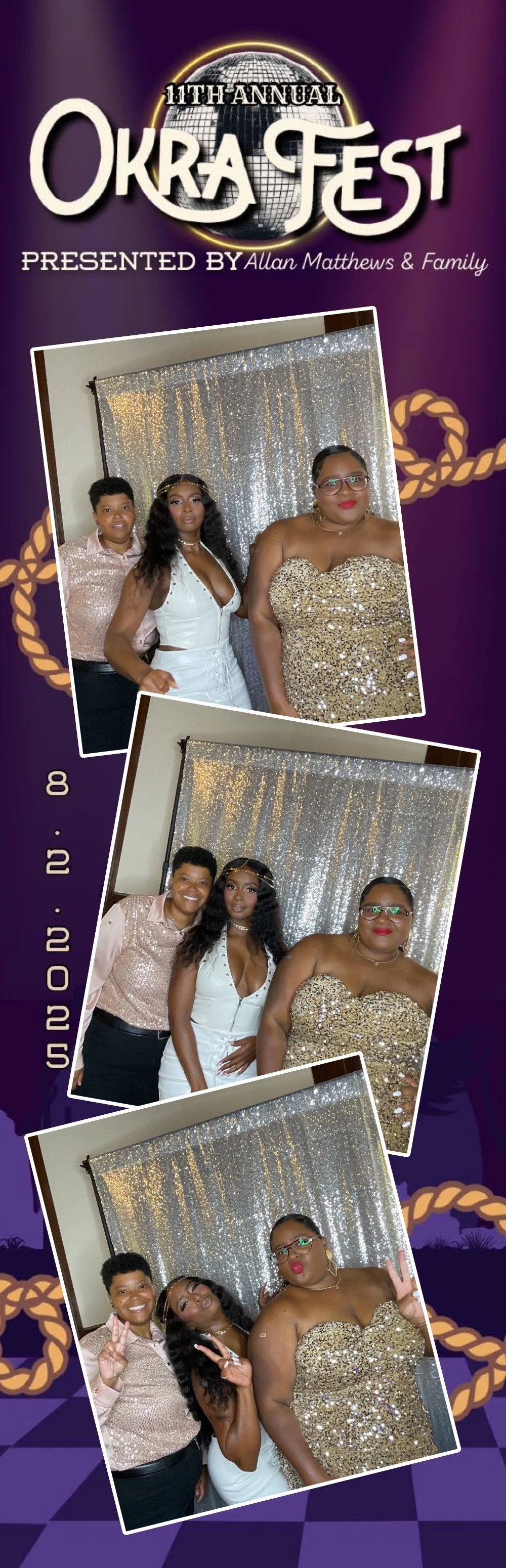 Photo strip from 11th Annual Okra Fest showing three women in front of a glittery backdrop celebrating the event on February 8, 2025.