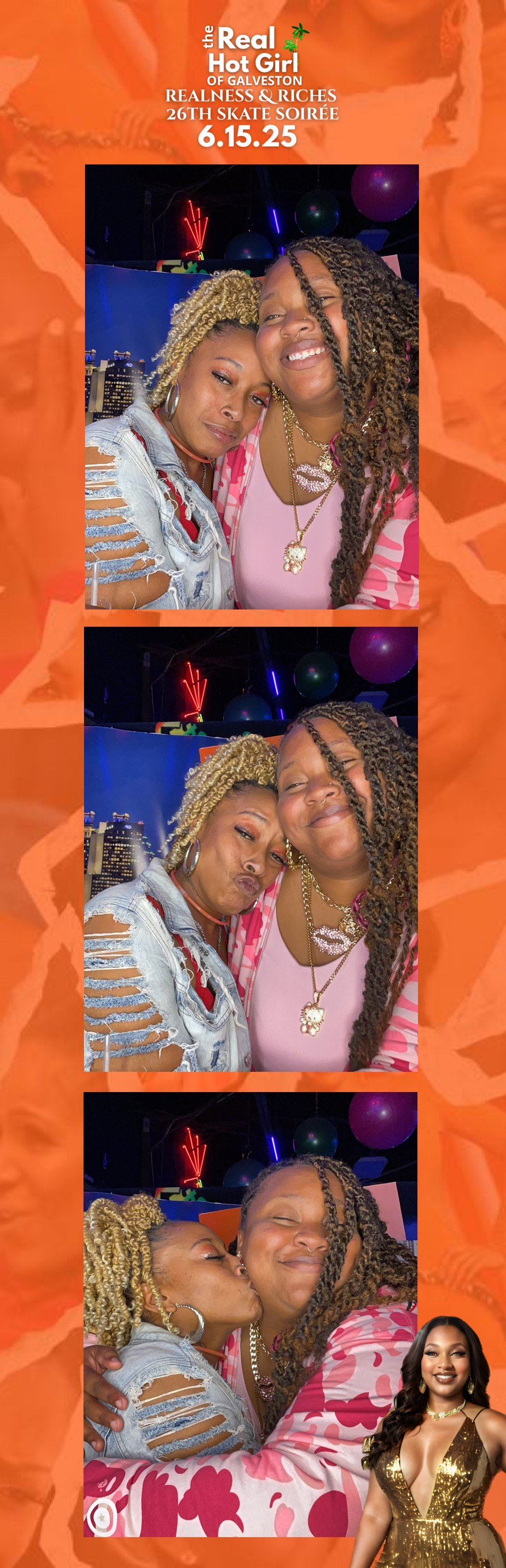 A collage features three photos of two women enjoying a night out at a skate event, with a promotional poster above and a photo of a woman in a gold dress at the bottom. The women are smiling, huddled close, and showing affection, with colorful light