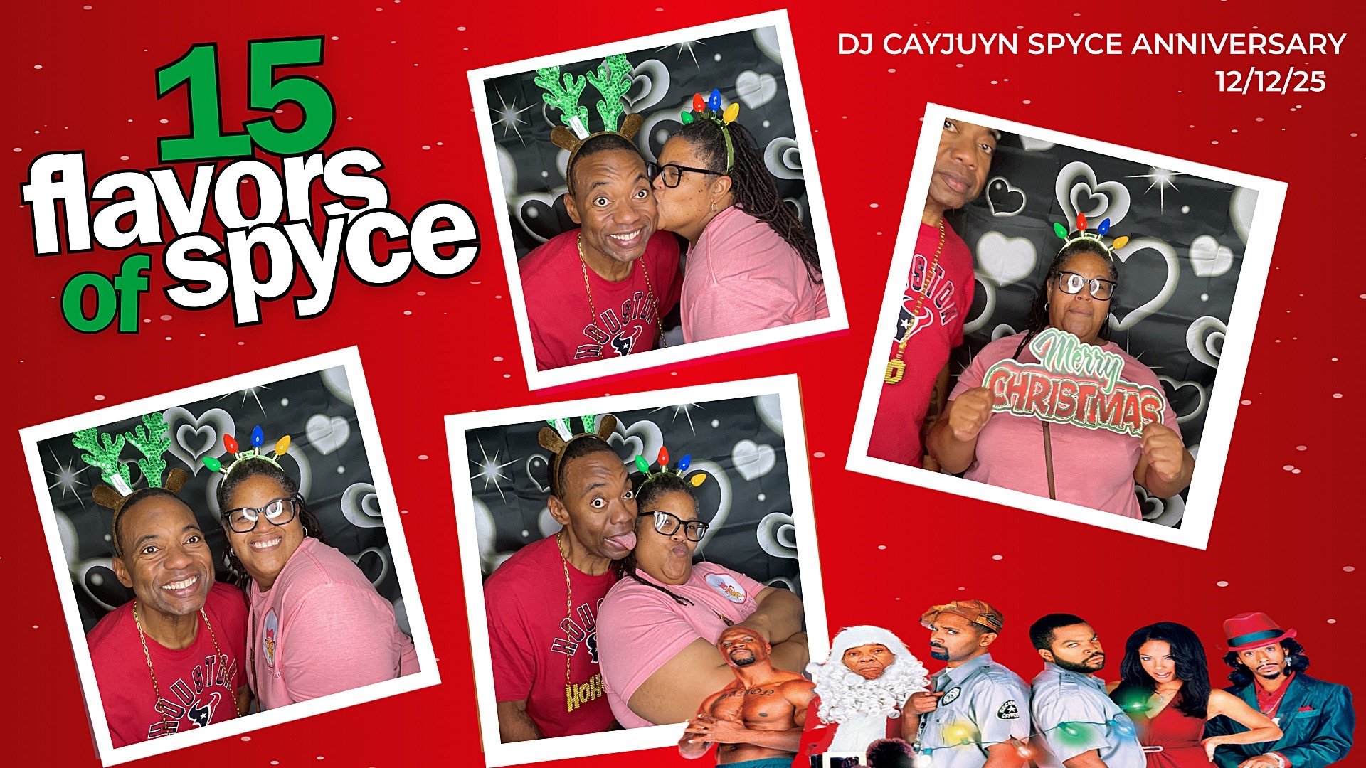 Photo collage celebrating DJ Cajuyjn Spyce's 15th anniversary on December 12, 2025. The collage features multiple festive images of a couple with holiday accessories, posing in front of a black background with white hearts. The background is red with