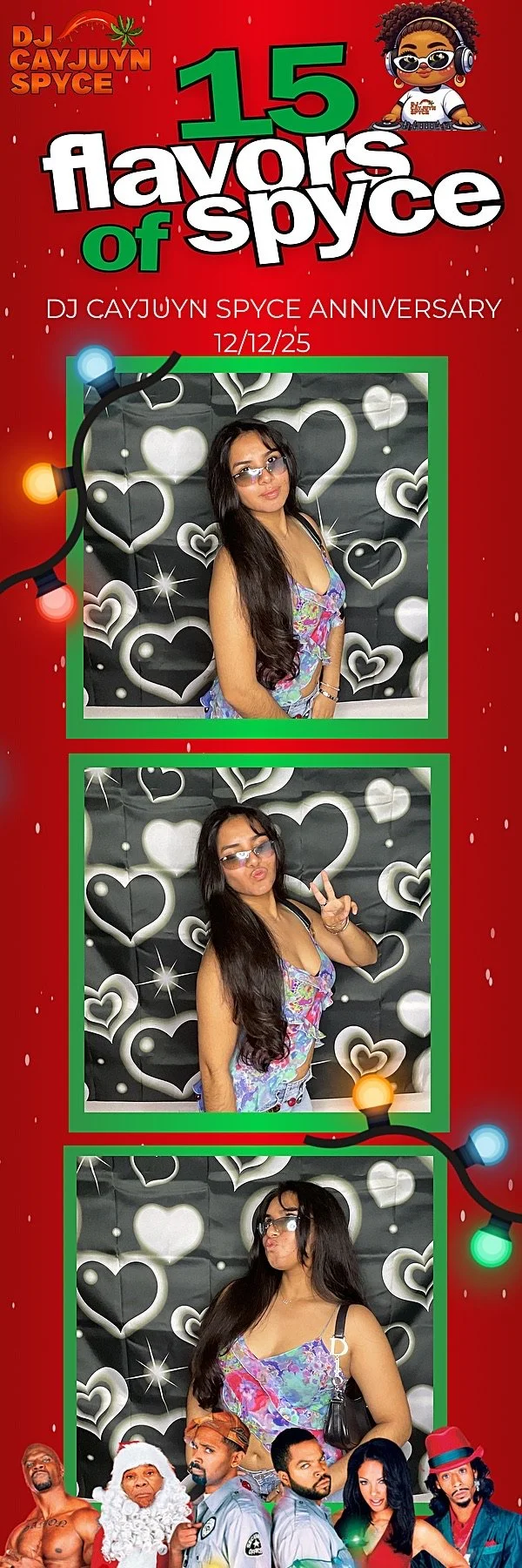 Photo booth strip with three pictures of a woman with long dark hair, wearing sunglasses and a colorful dress, against a black and white heart-patterned background, during a celebration on December 12, 2025, for DJ CAYJUYN SPYCE's anniversary, with c