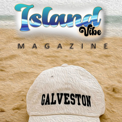 Magazine cover titled 'Island Vibe' with a sandy beach background and a white baseball cap with 'Galveston' printed on it.
