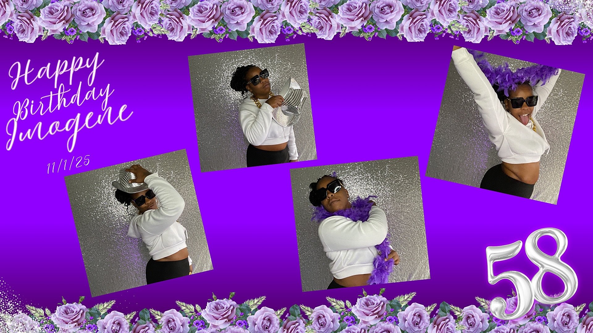 A birthday celebration collage featuring a girl with dark skin wearing sunglasses, a white cropped hoodie, and black pants. The collage includes four photos of her striking different poses against a glittery silver background. The border is decorated