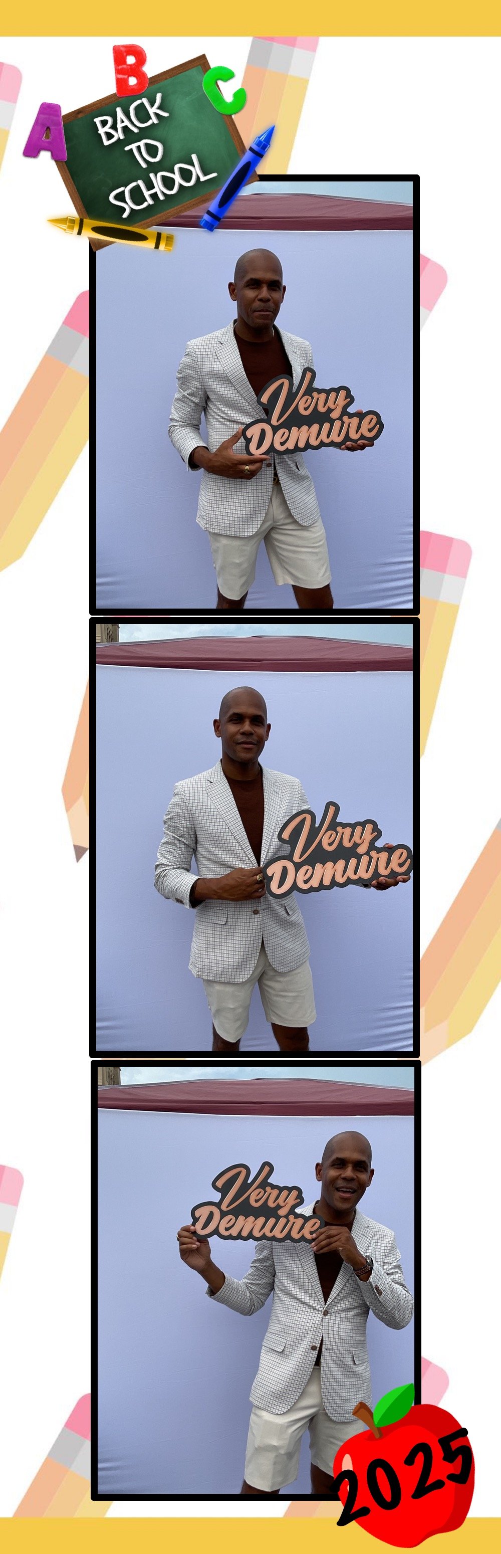 Three photos of a man with a bald head, wearing a light-colored checkered blazer and shorts, holding a sign that says "Very Demure" in front of a light background. The photos are framed in a strip with colorful school-themed illustrations including a