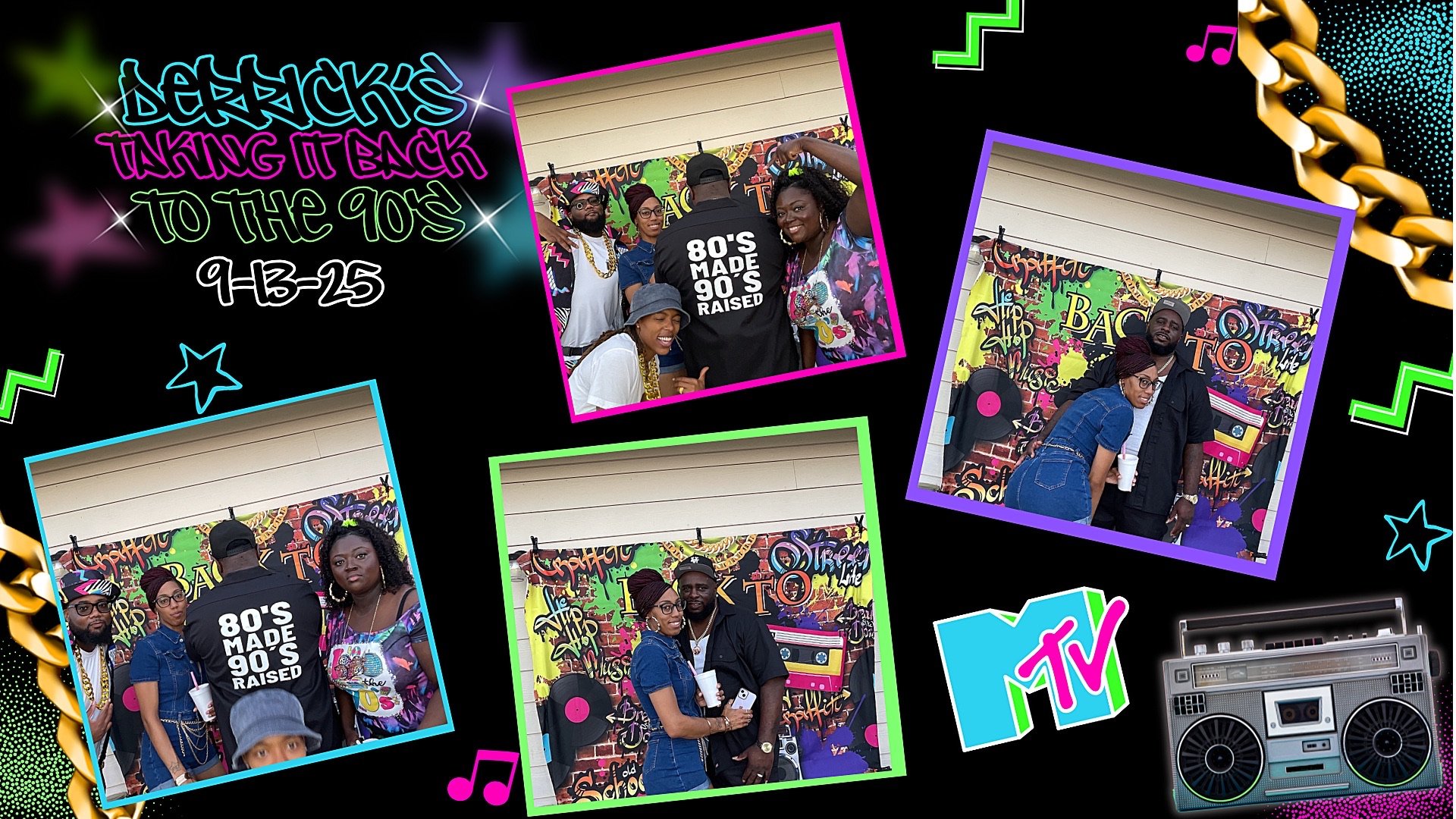 Four people posing in front of a colorful graffiti wall with the words "Back to the 90s". Three are facing the camera, and one is turned around with their back to the camera, wearing a shirt that says "80's Made 90's Raised". The image has a neon-the