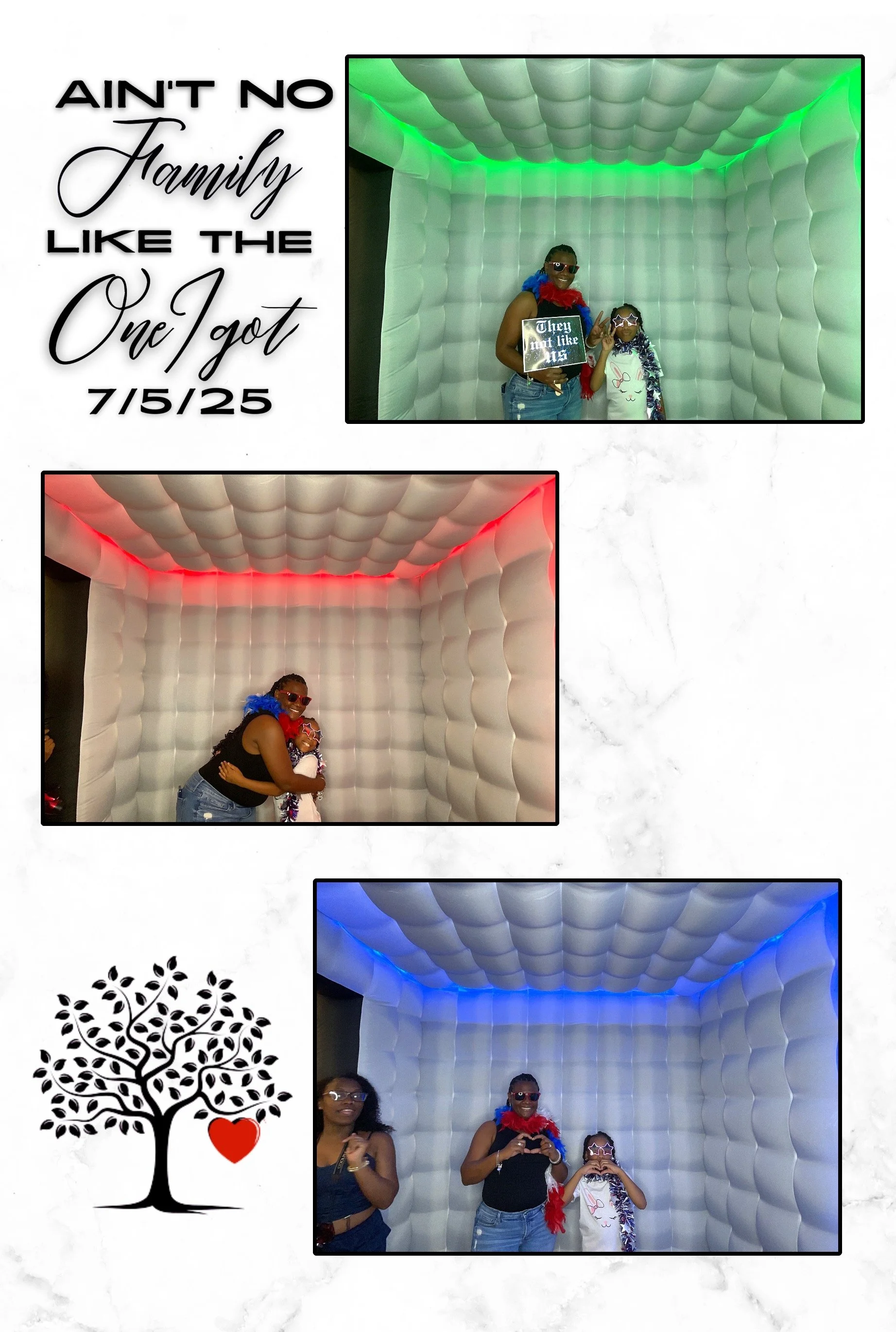 Photo collage featuring three pictures of a woman and a young girl in an inflatable photo booth with colorful LED lighting, celebrating a special occasion on July 15, 2025. The top photo has green lights, the middle has red lights, and the bottom has
