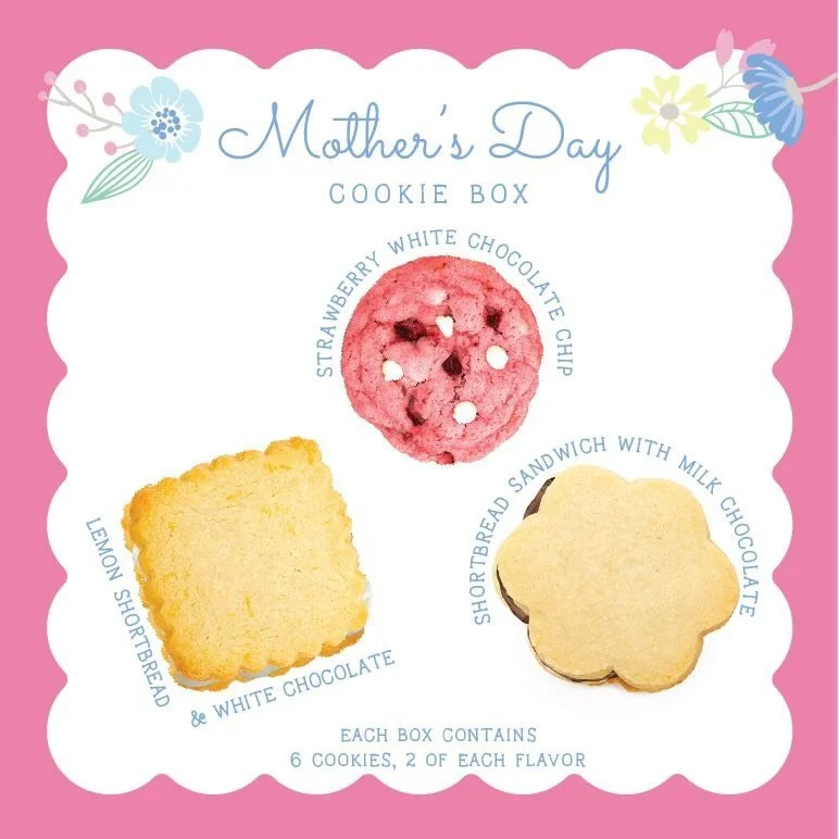 Tomorrow is the day! Our Mother&rsquo;s Day Cookie Box will launch! Each box is thoughtfully wrapped in a sweet pink bow and includes a Mother&rsquo;s Day gift card message that we can also personalize a handwritten note on the back for you 🤗🌸💐🍪
