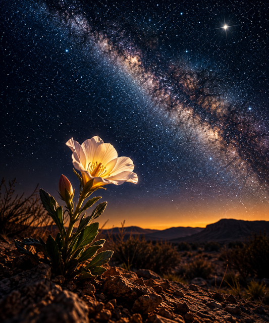 A white flower blooms in a desert landscape with mountains in the background, under a starry night sky featuring the Milky Way galaxy.