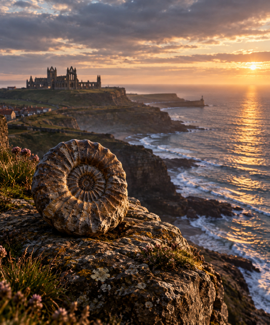 A fossilized ammonite shell on a rocky cliff overlooking the ocean at sunset with a historic castle in the background.