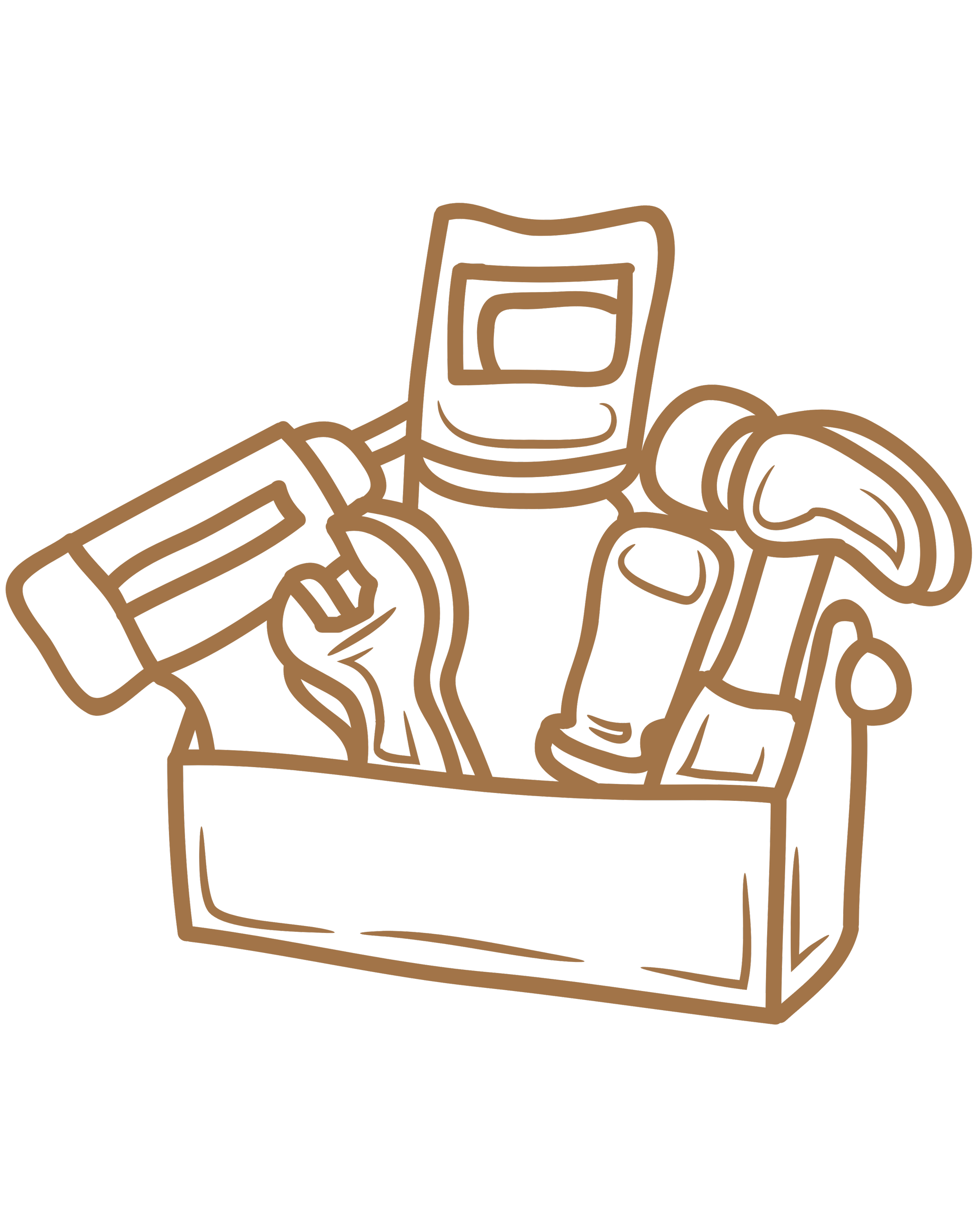 Line drawing of a open cardboard box with several tubes and bottles inside, on a black background.