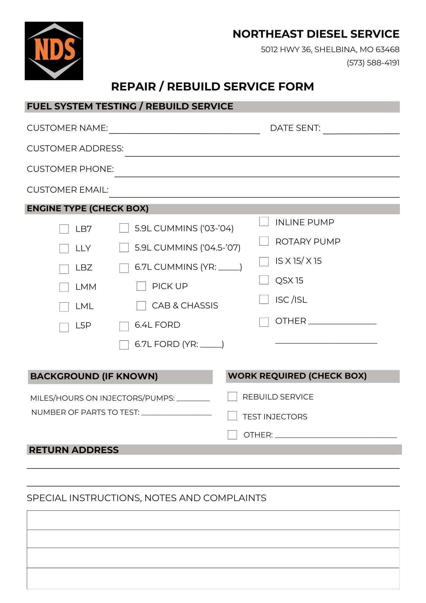 Service Form — Northeast Diesel Service