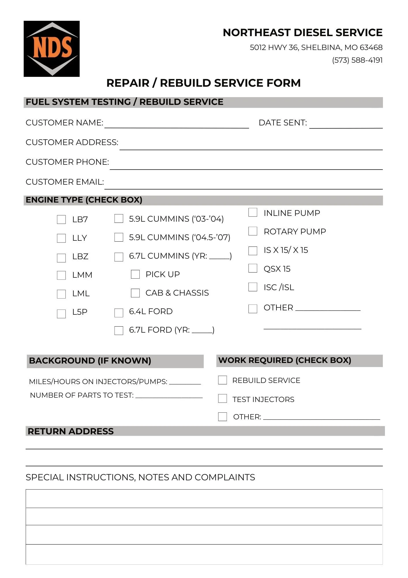 Service Form — Northeast Diesel Service
