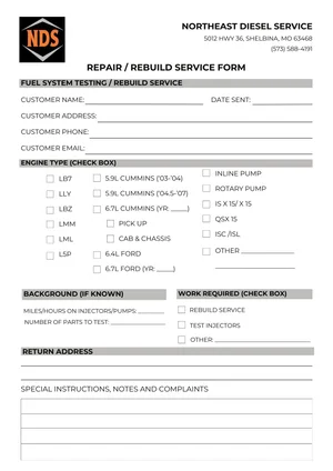 Service Form — Northeast Diesel Service