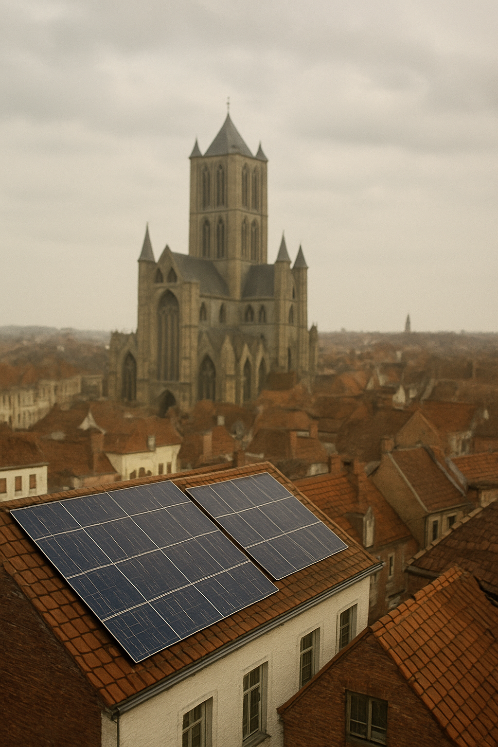 Solar panels installed on a rooftop in a historic European city with a large gothic church in the background.