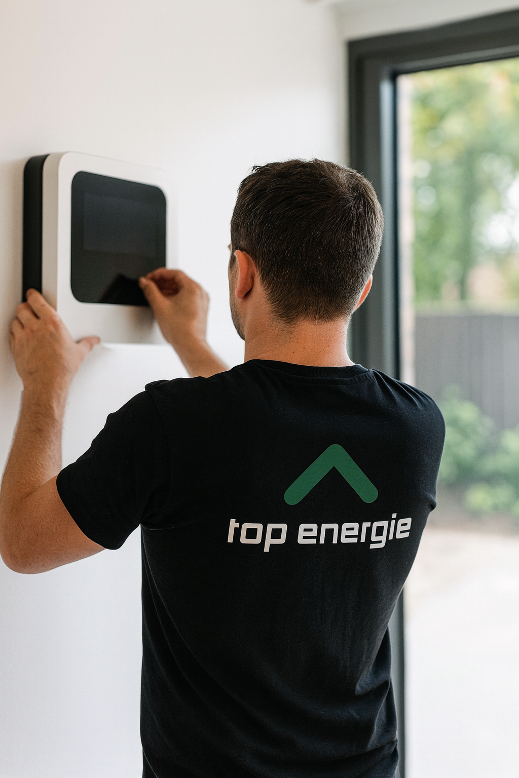 A man with short hair wearing a black t-shirt with the words 'top energie' on the back, installing or inspecting a wall-mounted device indoors near a window.