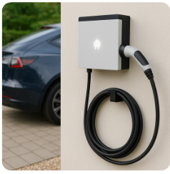 Electric vehicle charging station with a charging cable attached, located outside near a parked car.