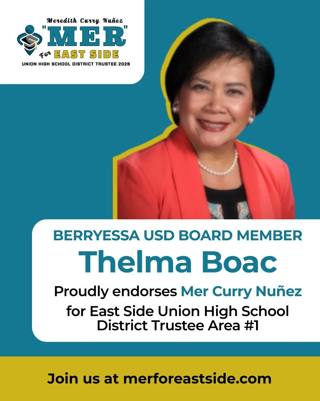 ⚡Endorsement Alert!⚡
Thelma Boac, Berryessa Union School District Board Member, has endorsed Mer for Eastside Union High School District Board to represent Area 1 in Alum Rock!

"I have known Mer Curry Nu&ntilde;ez since she was a little girl, a