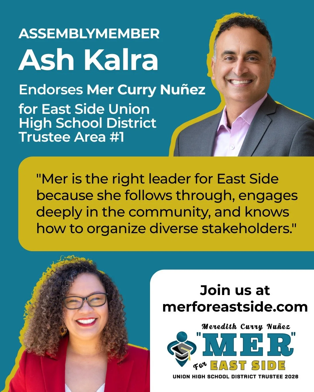⚡Endorsement Alert!⚡
Assemblymember Ash Kalra has endorsed Mer for Eastside Union High School District Board to represent Area 1 Alum Rock!

"Mer Curry Nu&ntilde;ez is a passionate, engaged, and trusted servant of the East San Jose and Santa Cla