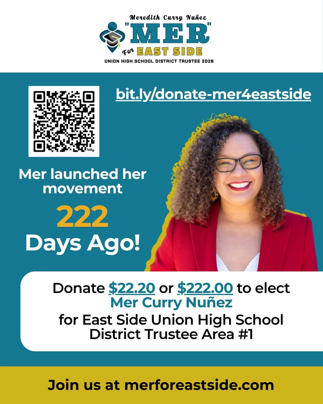 Did you know that Mer launched her campaign by filing initial paperwork 222 days ago?!

We are working hard to win, but we need your help. Donate $22.20 or $222.00 today at bit.ly/donate-mer4eastside
