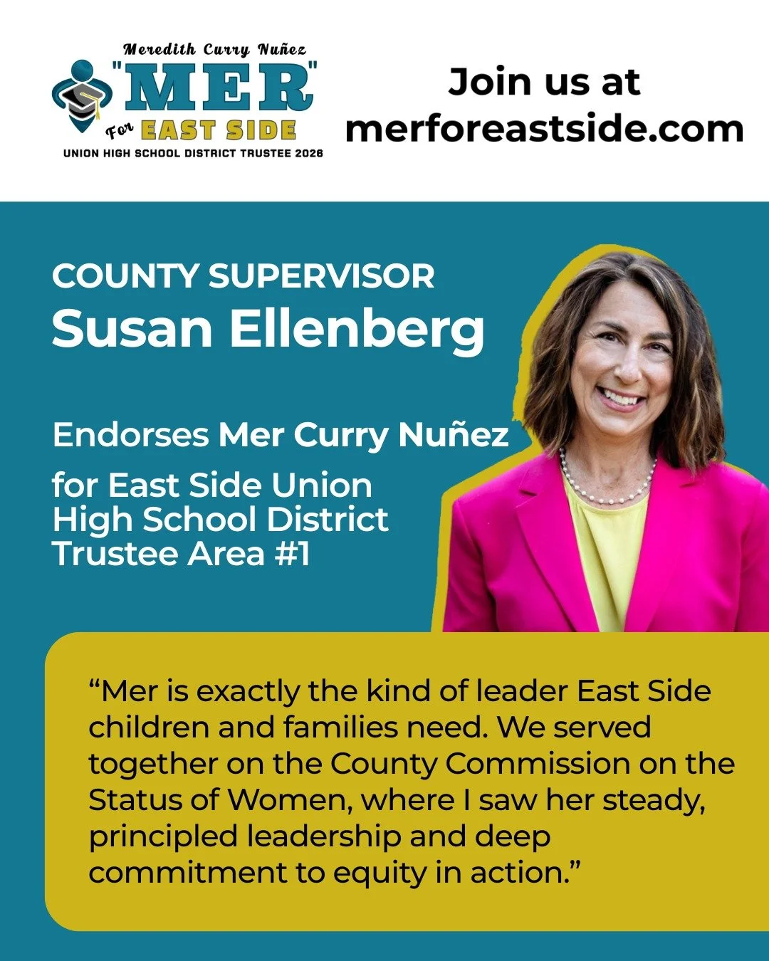 ⚡Endorsement Alert!⚡
County Supervisor Susan Ellenberg has endorsed Mer for Eastside Union High School District Board to represent Area 1 in Alum Rock!

&ldquo;Mer Curry Nu&ntilde;ez is exactly the kind of leader East Side children and families need.