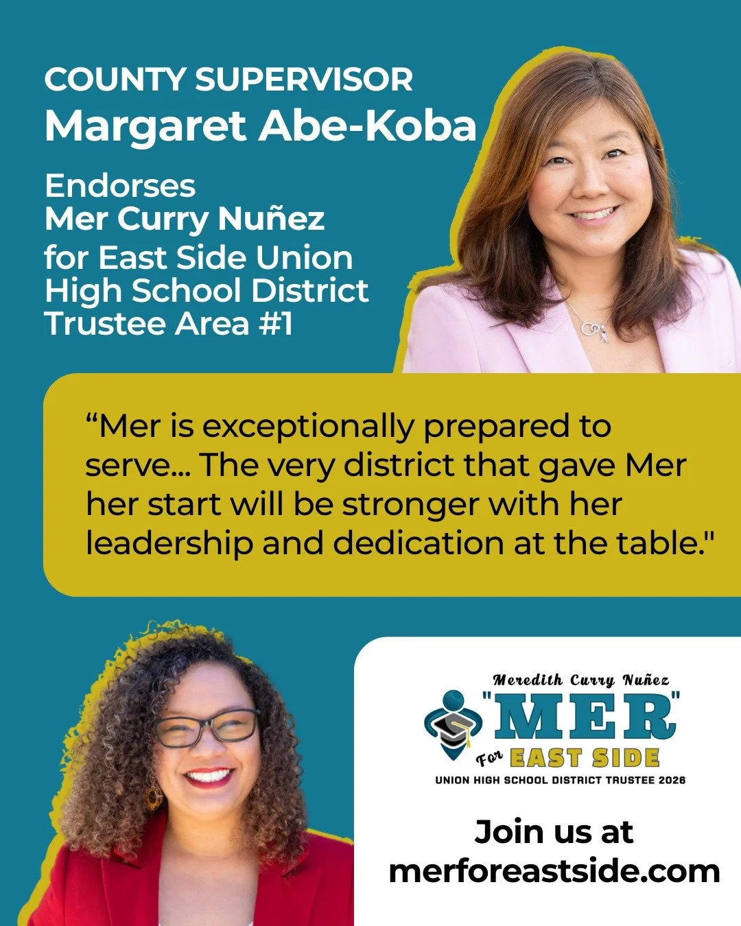 ⚡ENDORSEMENT!⚡
County Supervisor MARGARET ABE-KOGA endorses MER CURRY NU&Ntilde;EZ for East Side Union High School District Board to represent Area 1 in Alum Rock!

"Mer Curry Nu&ntilde;ez is exceptionally prepared to serve on the East Side Unio