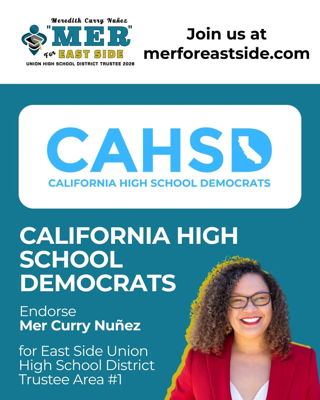 ⚡ENDORSEMENT!⚡
CALIFORNIA HIGH SCHOOL DEMOCRATS endorse MER CURRY NU&Ntilde;EZ for East Side Union High School District Board to represent Area 1 in Alum Rock!

Donate, volunteer, endorse, and support Mer at www.merforeastside.com!

🎉100+ Leaders ha