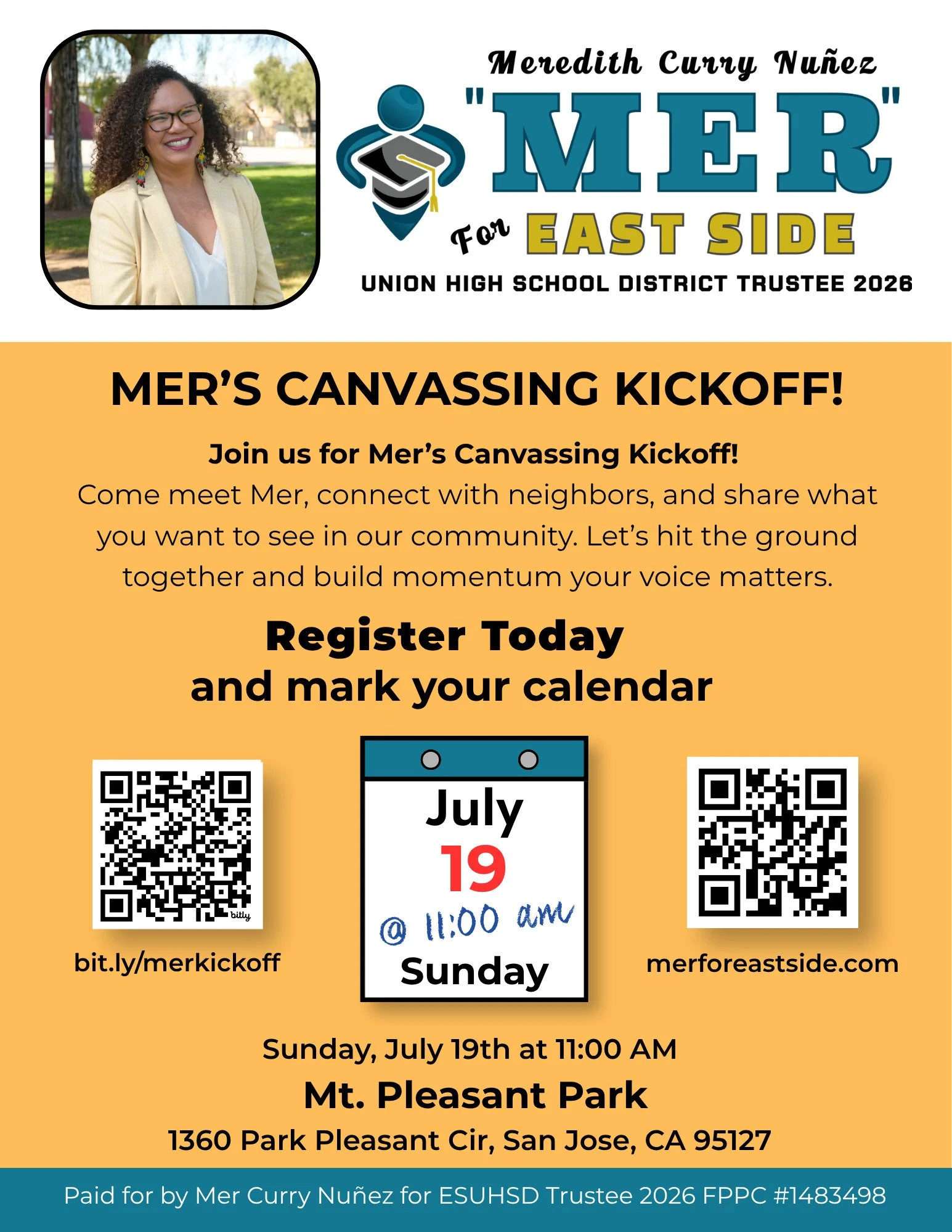 ❗LOCATION UPDATE!❗
Join us for Mer&rsquo;s canvassing kickoff!
July 19, 11am
Mt. Pleasant Park
1360 Park Pleasant Ct, San Jose, CA 95127

📢 Sign up at bit.ly/merkickoff
🔎 Learn more at merforeastside.com